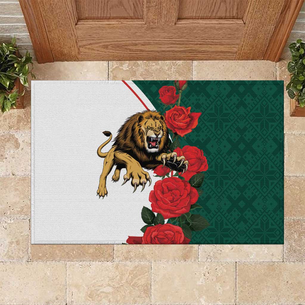 Bulgaria Lion Rubber Doormat Folk Patterns With Rose