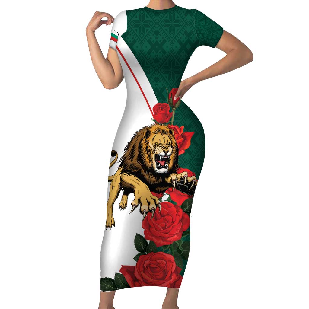 Bulgaria Lion Short Sleeve Bodycon Dress Folk Patterns With Rose