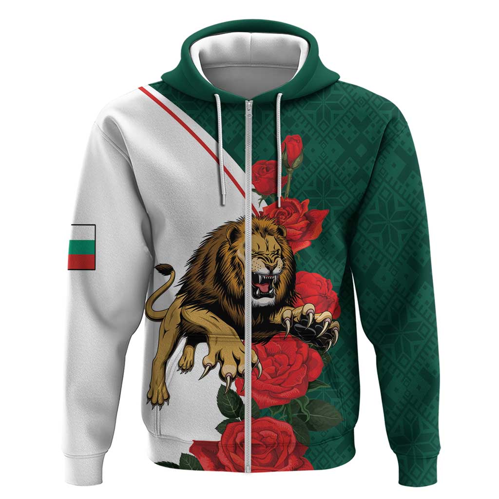 Bulgaria Lion Zip Hoodie Folk Patterns With Rose