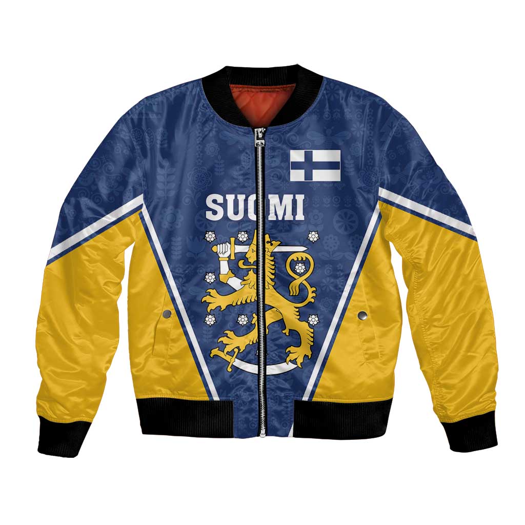 Custom Finland Lion Bomber Jacket Finnish Folk Patterns