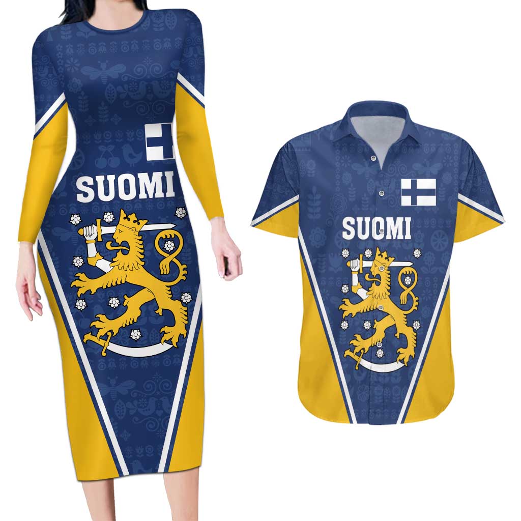 Custom Finland Lion Couples Matching Long Sleeve Bodycon Dress and Hawaiian Shirt Finnish Folk Patterns