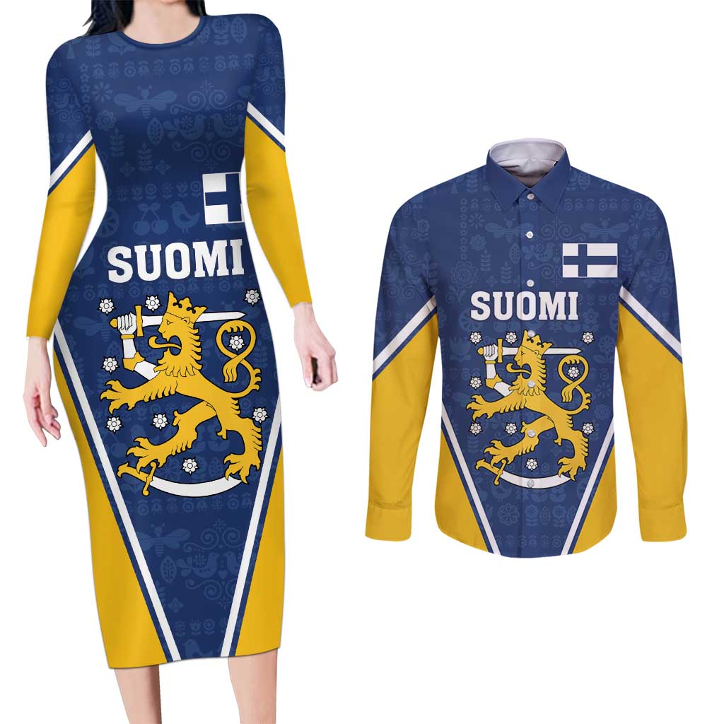 Custom Finland Lion Couples Matching Long Sleeve Bodycon Dress and Long Sleeve Button Shirt Finnish Folk Patterns