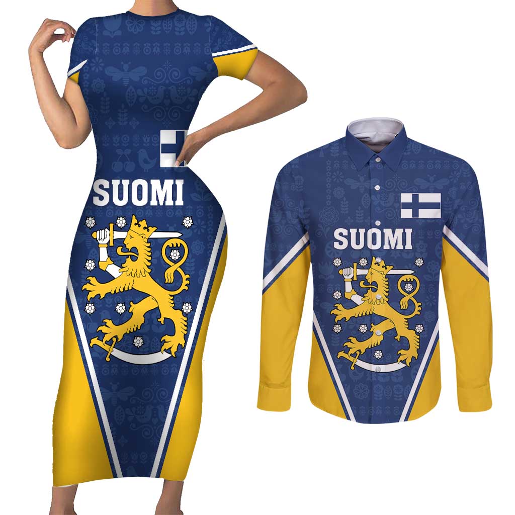 Custom Finland Lion Couples Matching Short Sleeve Bodycon Dress and Long Sleeve Button Shirt Finnish Folk Patterns