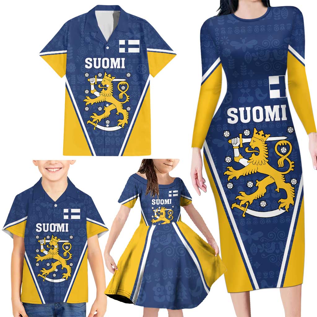 Custom Finland Lion Family Matching Long Sleeve Bodycon Dress and Hawaiian Shirt Finnish Folk Patterns