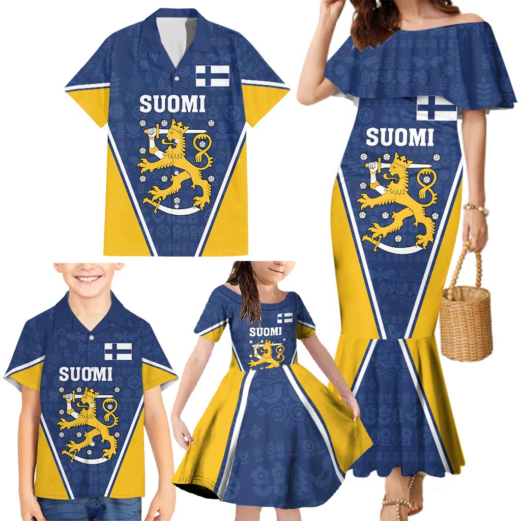 Custom Finland Lion Family Matching Mermaid Dress and Hawaiian Shirt Finnish Folk Patterns