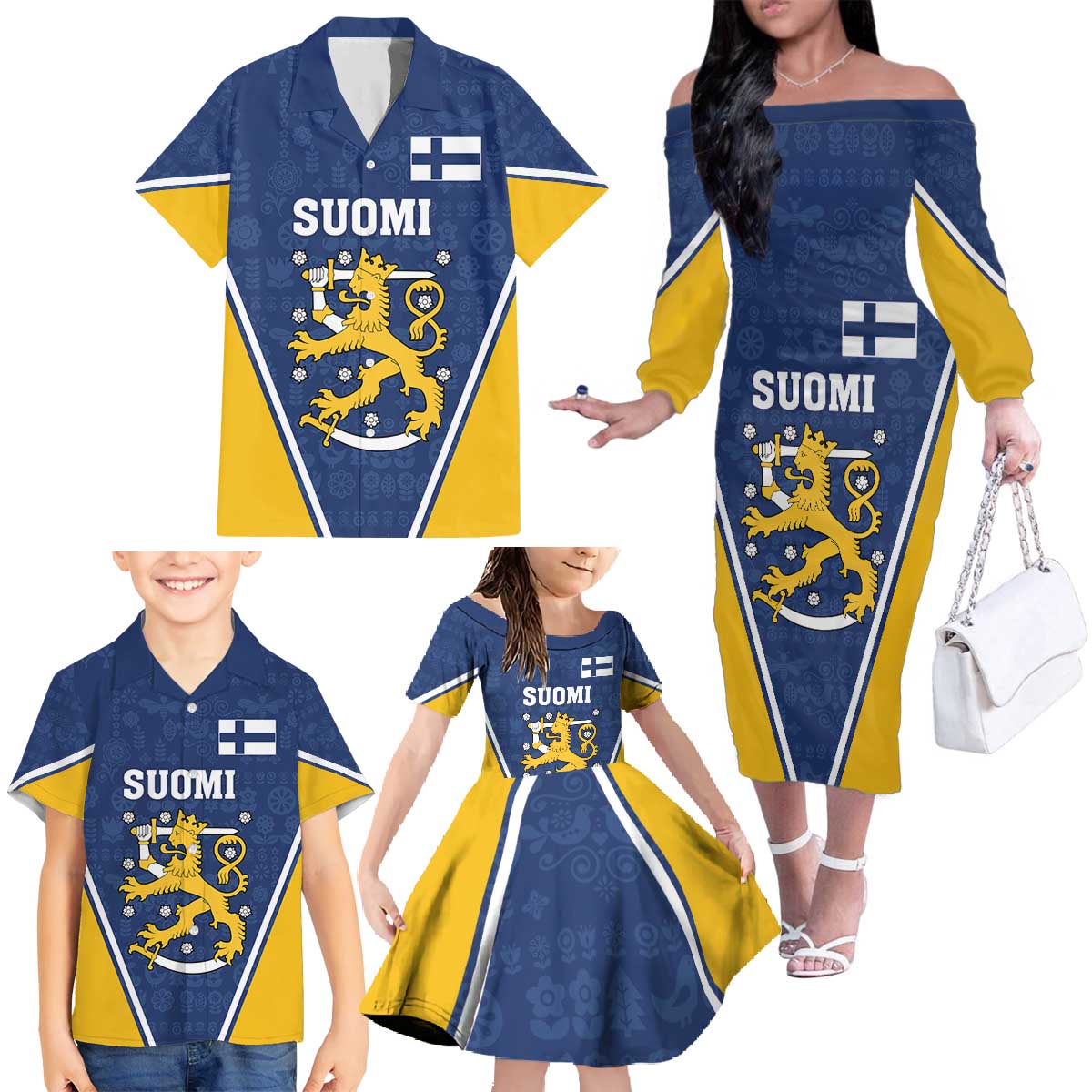 Custom Finland Lion Family Matching Off The Shoulder Long Sleeve Dress and Hawaiian Shirt Finnish Folk Patterns