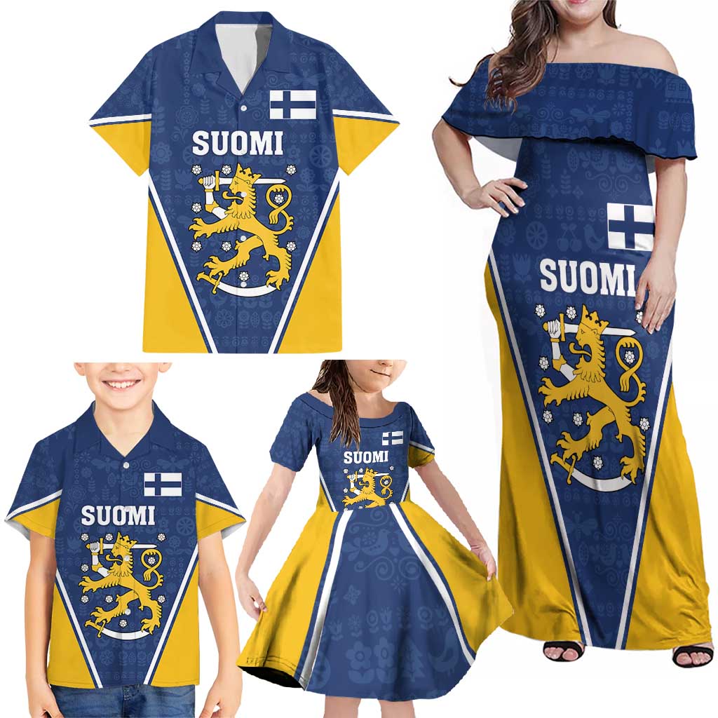 Custom Finland Lion Family Matching Off Shoulder Maxi Dress and Hawaiian Shirt Finnish Folk Patterns