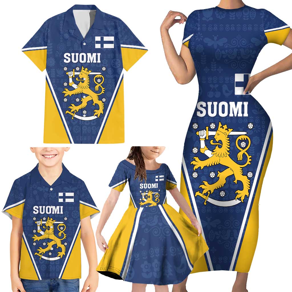 Custom Finland Lion Family Matching Short Sleeve Bodycon Dress and Hawaiian Shirt Finnish Folk Patterns