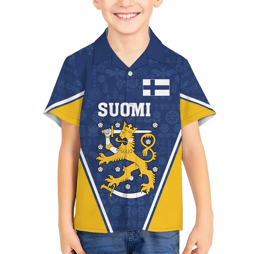 Custom Finland Lion Kid Hawaiian Shirt Finnish Folk Patterns