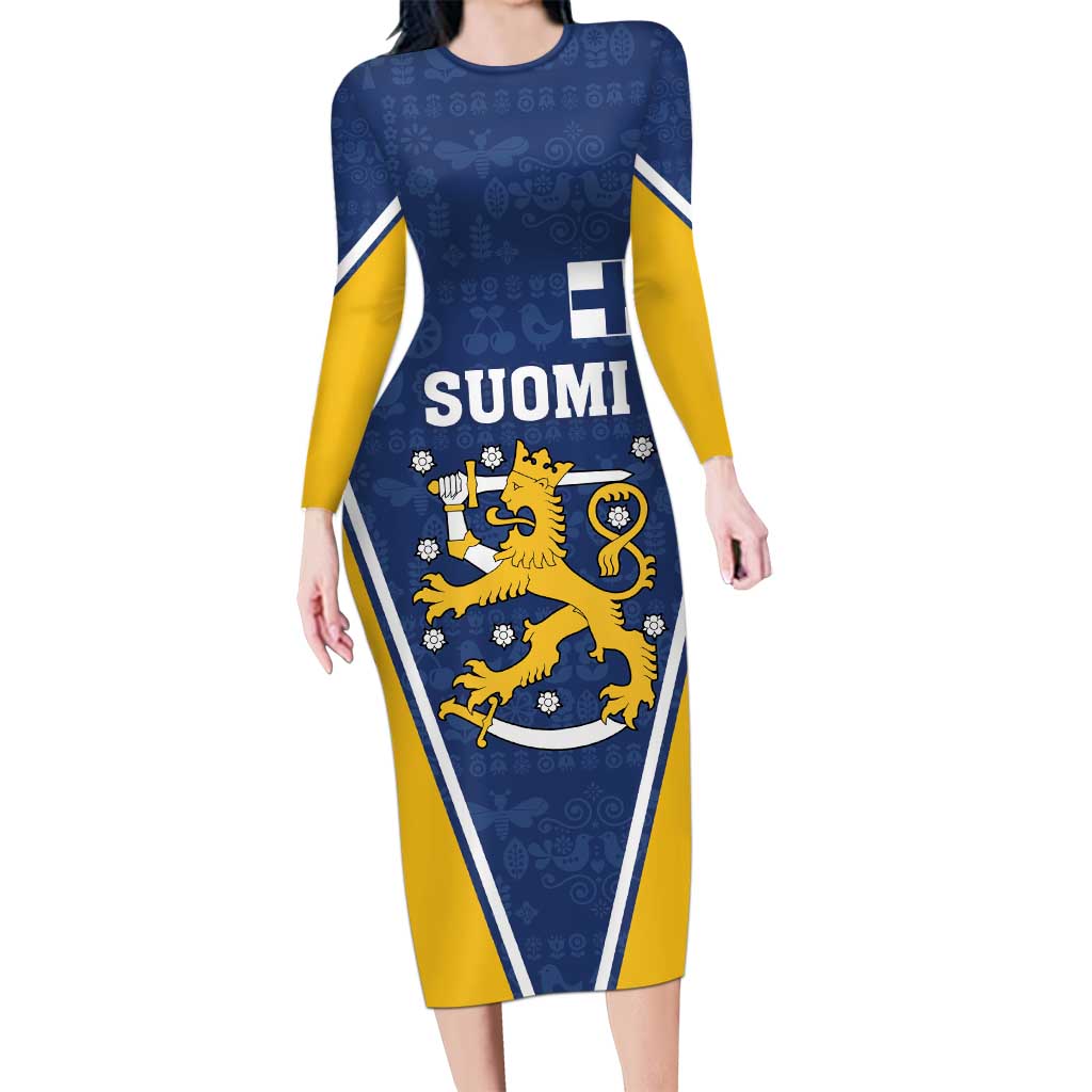 Custom Finland Lion Long Sleeve Bodycon Dress Finnish Folk Patterns