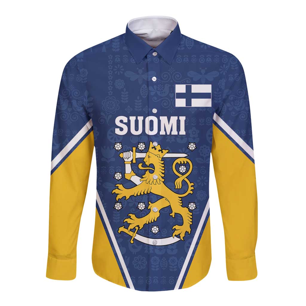 Custom Finland Lion Long Sleeve Button Shirt Finnish Folk Patterns