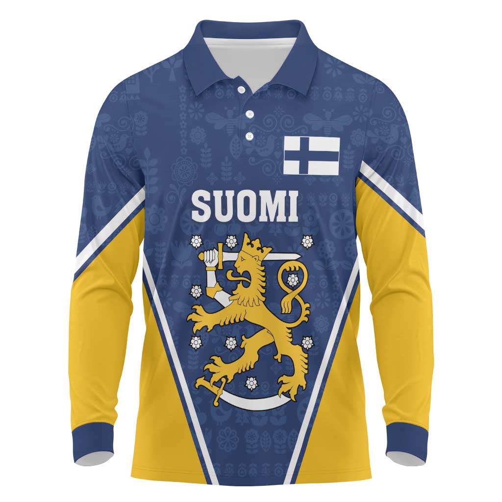 Custom Finland Lion Long Sleeve Polo Shirt Finnish Folk Patterns