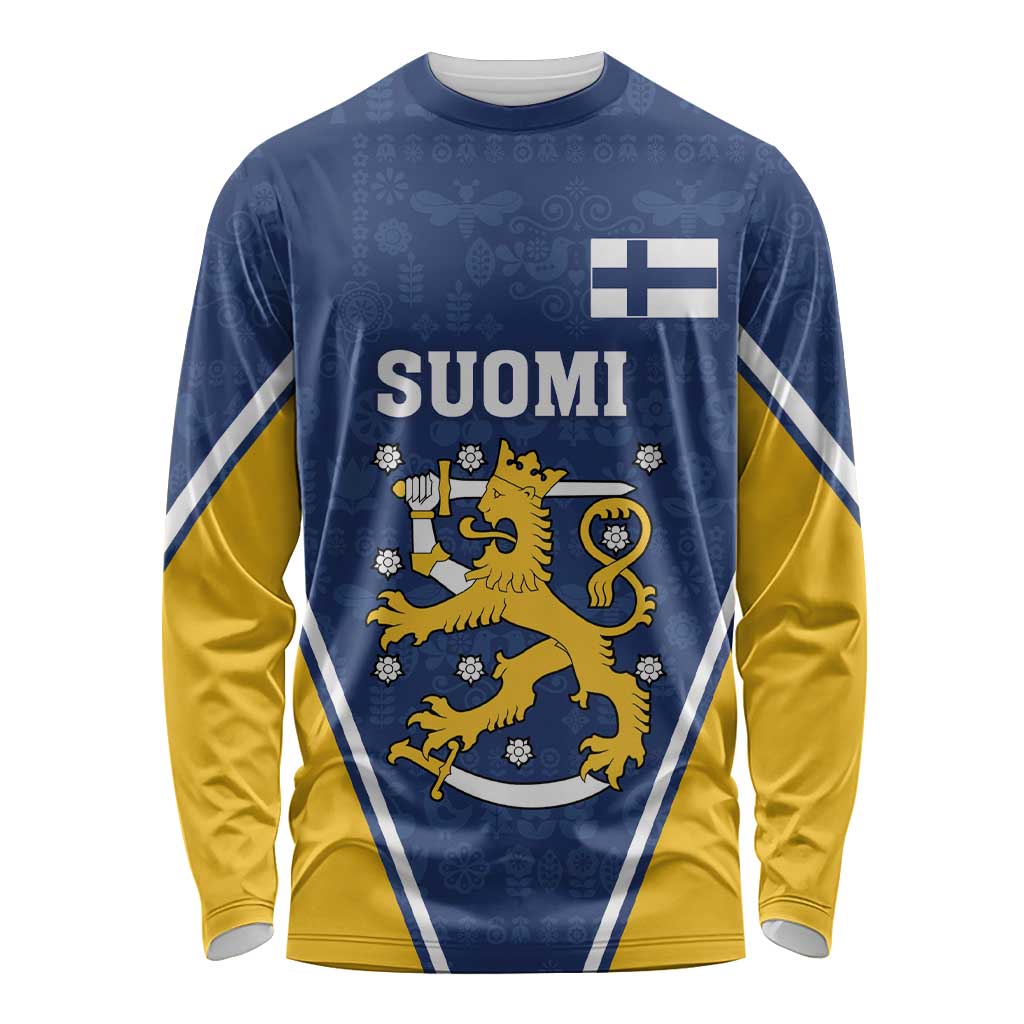 Custom Finland Lion Long Sleeve Shirt Finnish Folk Patterns