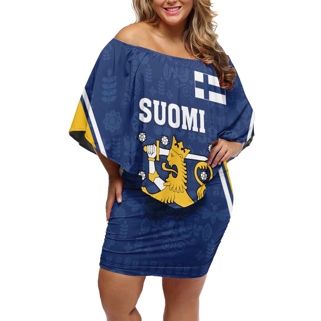 Custom Finland Lion Off Shoulder Short Dress Finnish Folk Patterns