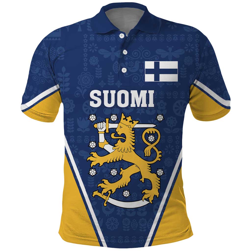 Custom Finland Lion Polo Shirt Finnish Folk Patterns