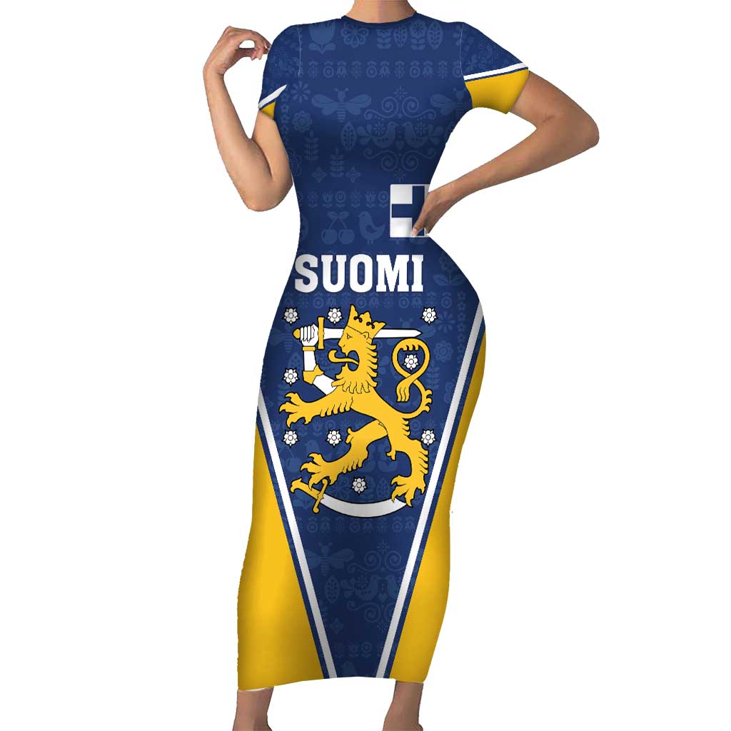 Custom Finland Lion Short Sleeve Bodycon Dress Finnish Folk Patterns