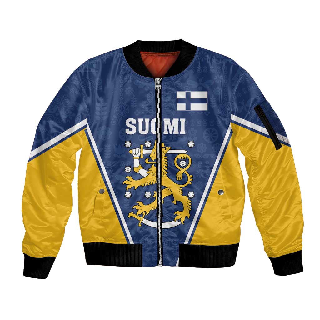 Custom Finland Lion Sleeve Zip Bomber Jacket Finnish Folk Patterns