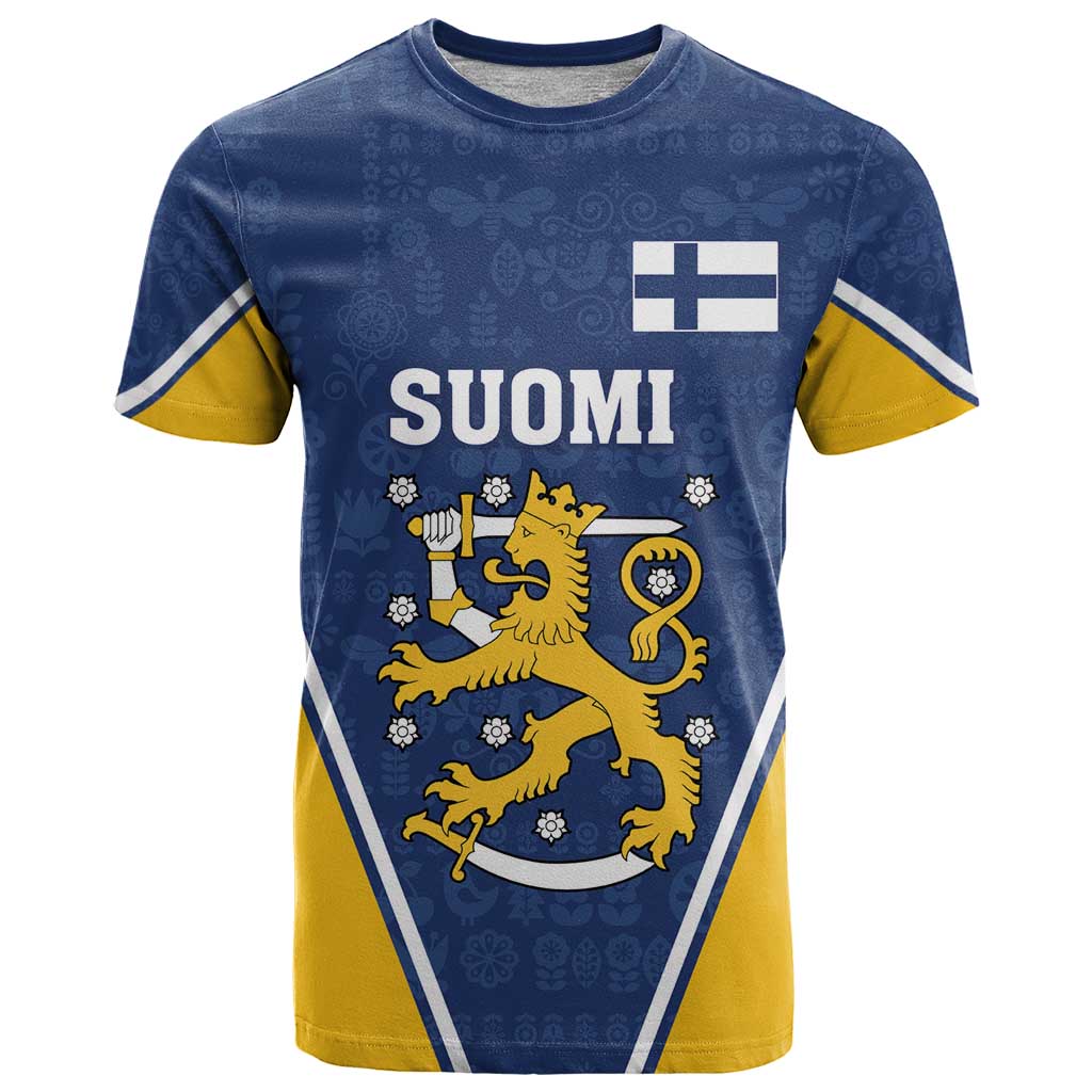 Custom Finland Lion T Shirt Finnish Folk Patterns