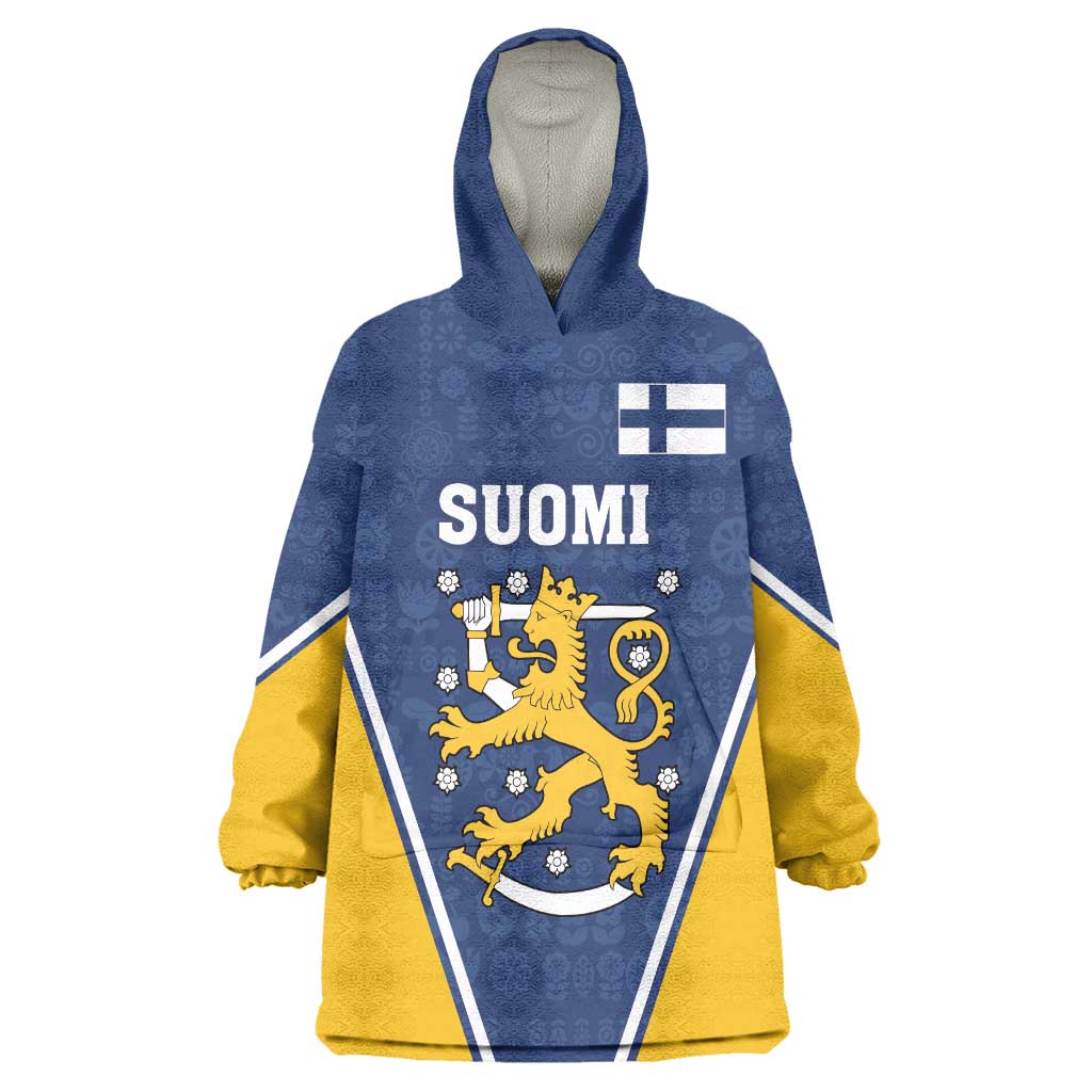 Custom Finland Lion Wearable Blanket Hoodie Finnish Folk Patterns