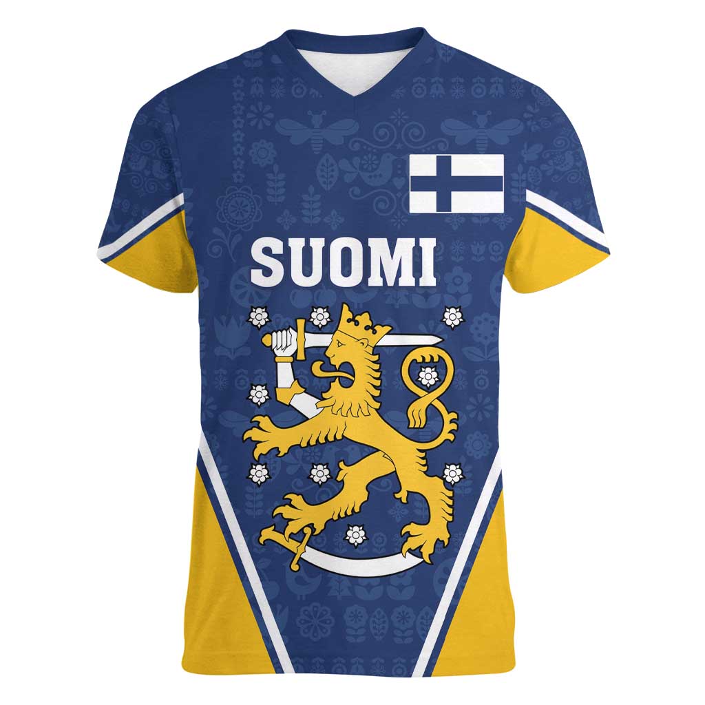 Custom Finland Lion Women V-Neck T-Shirt Finnish Folk Patterns