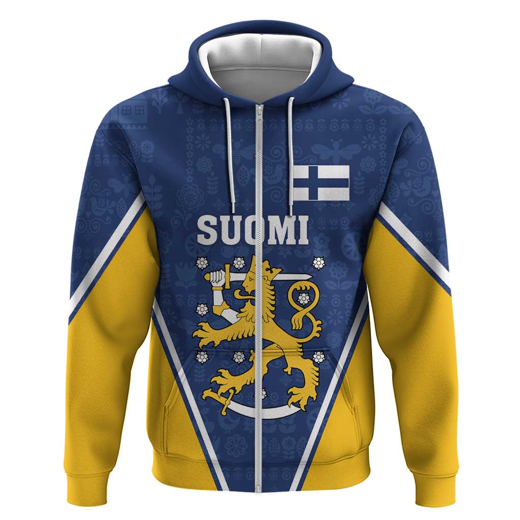 Custom Finland Lion Zip Hoodie Finnish Folk Patterns