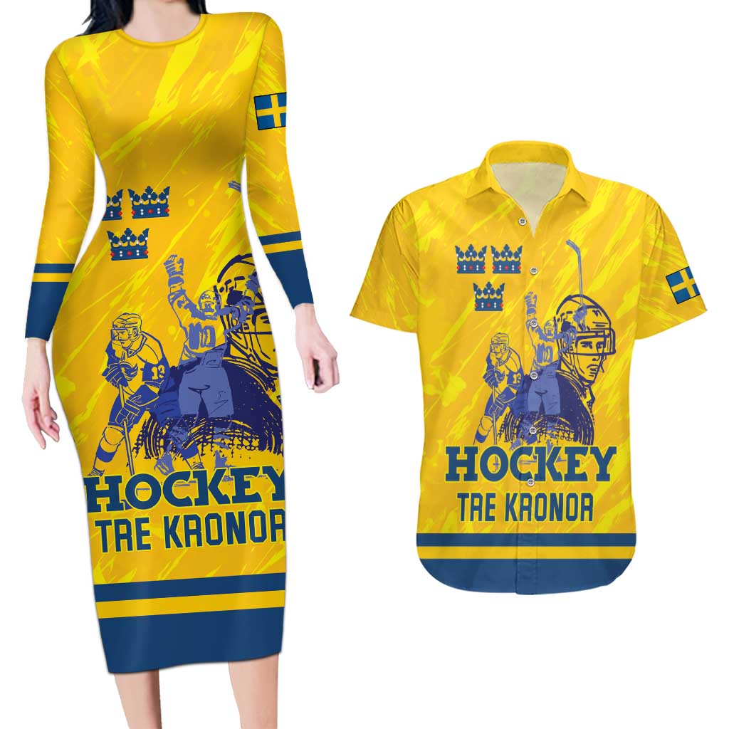 Custom Sweden Hockey Couples Matching Long Sleeve Bodycon Dress and Hawaiian Shirt Tre Kronor Go Champions