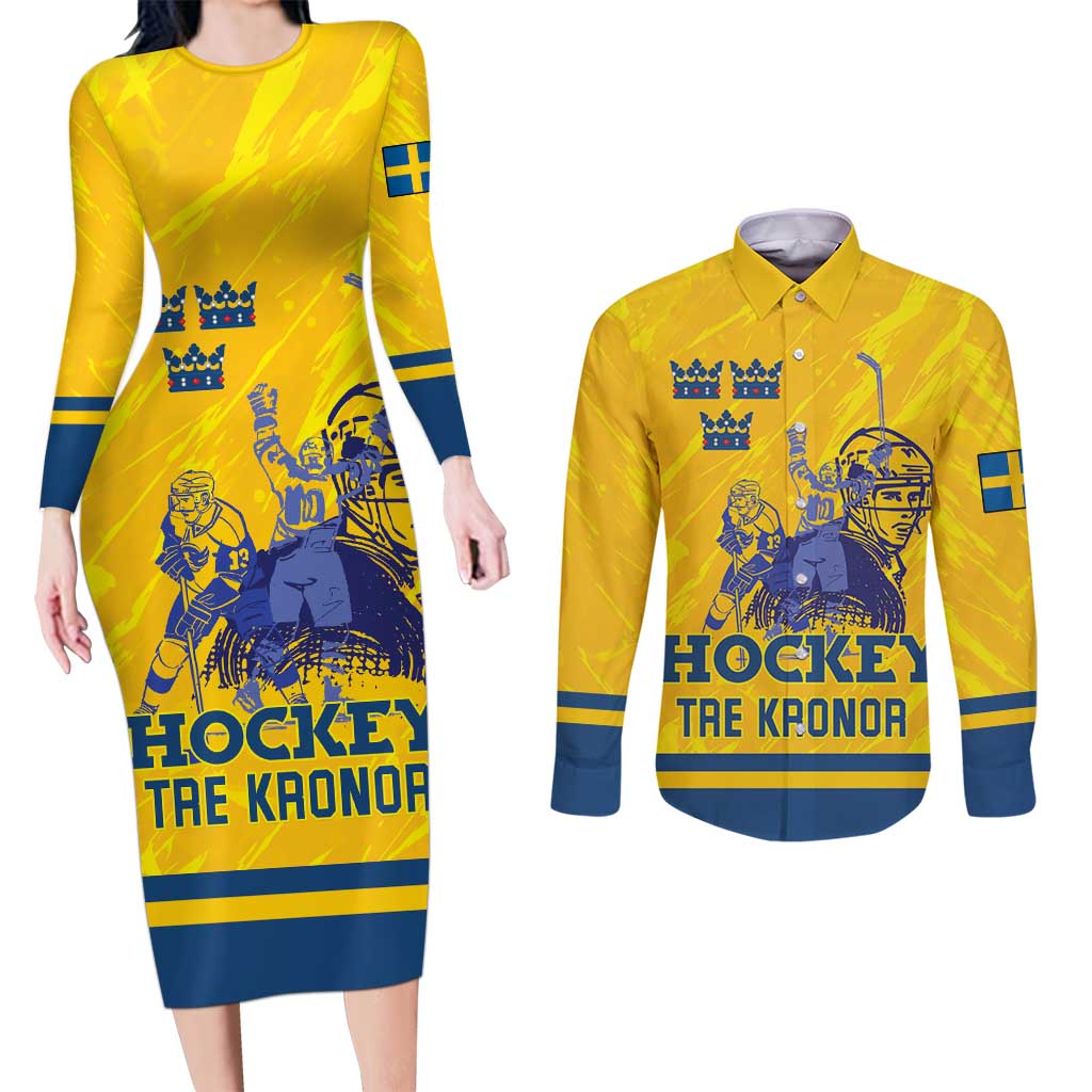 Custom Sweden Hockey Couples Matching Long Sleeve Bodycon Dress and Long Sleeve Button Shirt Tre Kronor Go Champions