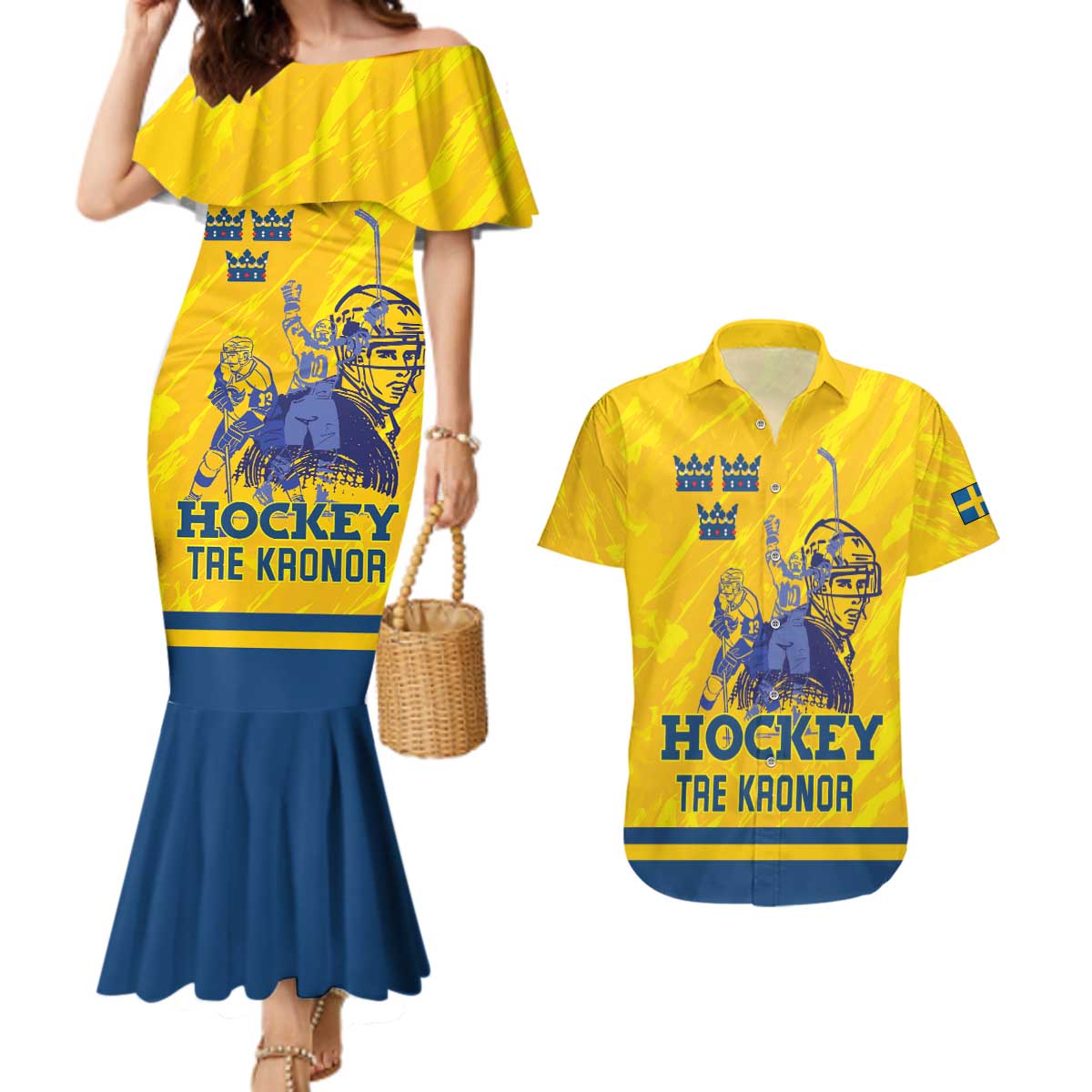 Custom Sweden Hockey Couples Matching Mermaid Dress and Hawaiian Shirt Tre Kronor Go Champions