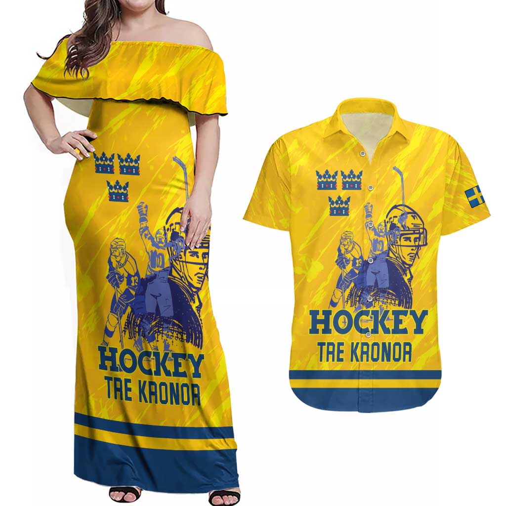 Custom Sweden Hockey Couples Matching Off Shoulder Maxi Dress and Hawaiian Shirt Tre Kronor Go Champions