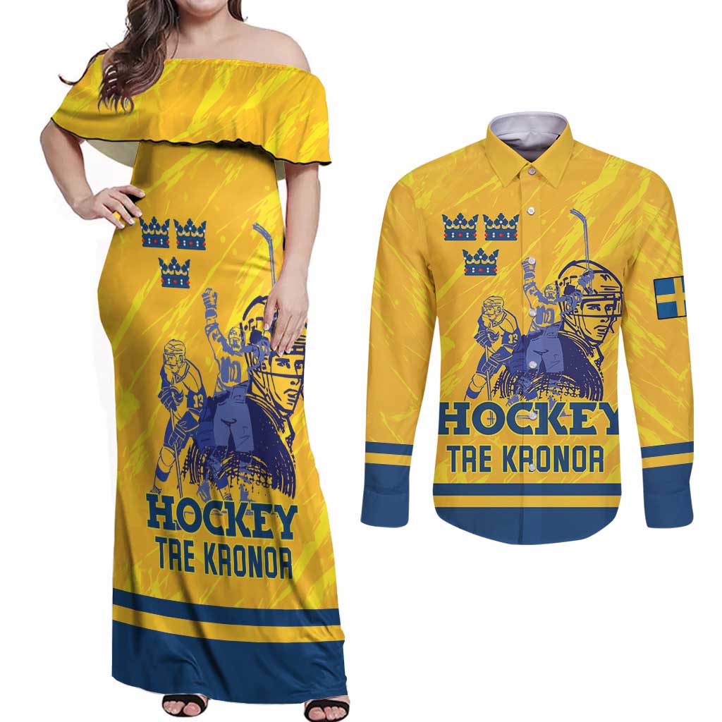 Custom Sweden Hockey Couples Matching Off Shoulder Maxi Dress and Long Sleeve Button Shirt Tre Kronor Go Champions