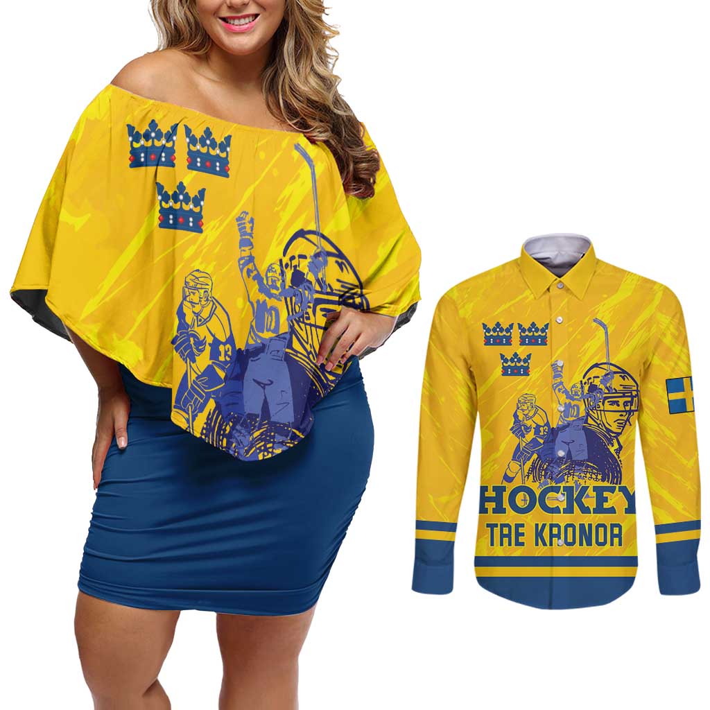 Custom Sweden Hockey Couples Matching Off Shoulder Short Dress and Long Sleeve Button Shirt Tre Kronor Go Champions