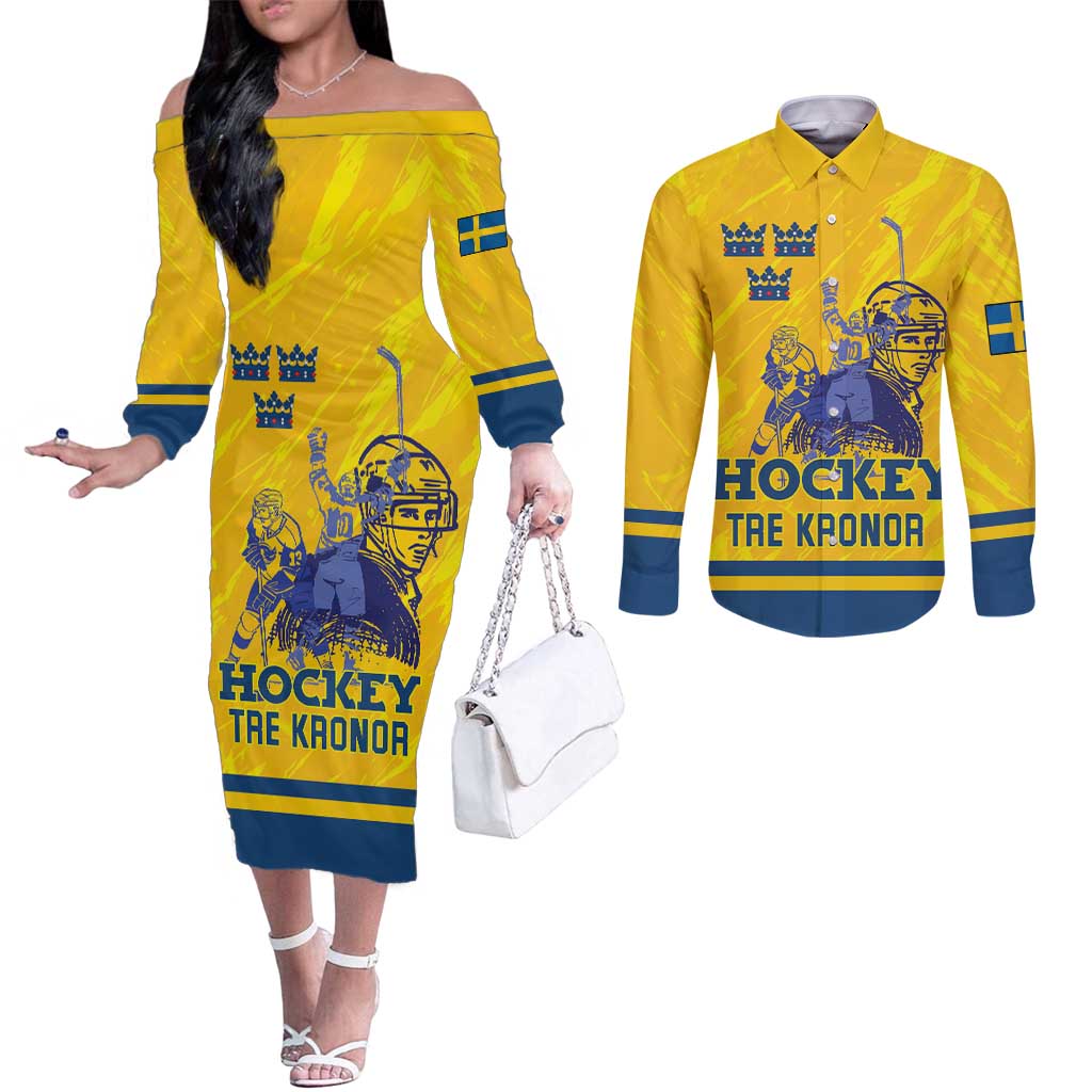 Custom Sweden Hockey Couples Matching Off The Shoulder Long Sleeve Dress and Long Sleeve Button Shirt Tre Kronor Go Champions