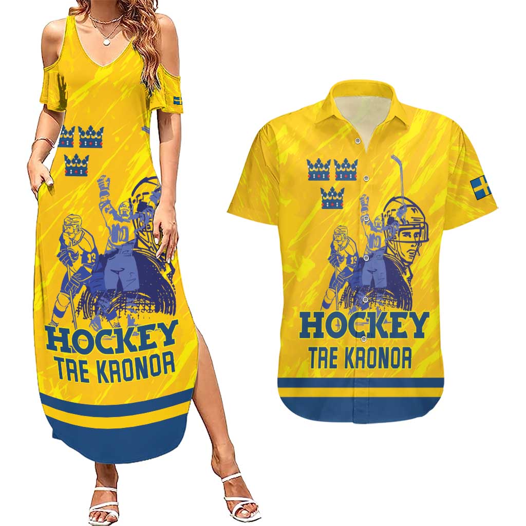 Custom Sweden Hockey Couples Matching Summer Maxi Dress and Hawaiian Shirt Tre Kronor Go Champions