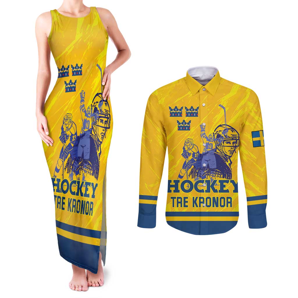 Custom Sweden Hockey Couples Matching Tank Maxi Dress and Long Sleeve Button Shirt Tre Kronor Go Champions