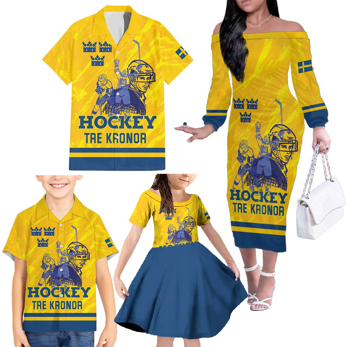 Custom Sweden Hockey Family Matching Off The Shoulder Long Sleeve Dress and Hawaiian Shirt Tre Kronor Go Champions