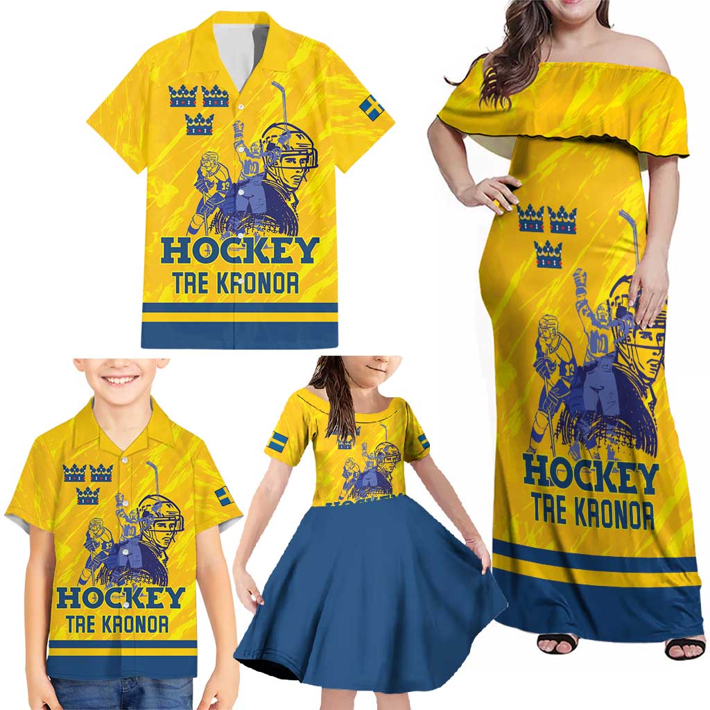 Custom Sweden Hockey Family Matching Off Shoulder Maxi Dress and Hawaiian Shirt Tre Kronor Go Champions