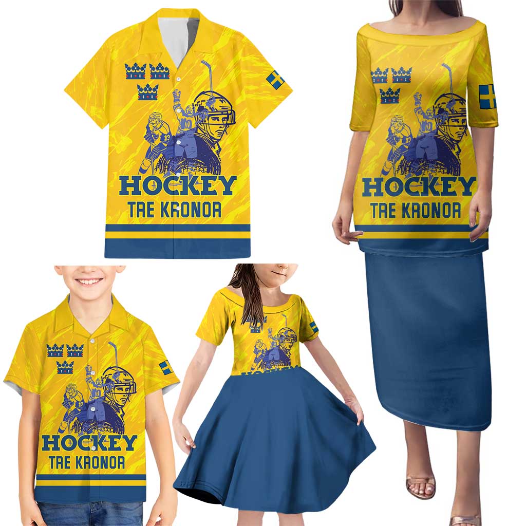 Custom Sweden Hockey Family Matching Puletasi and Hawaiian Shirt Tre Kronor Go Champions