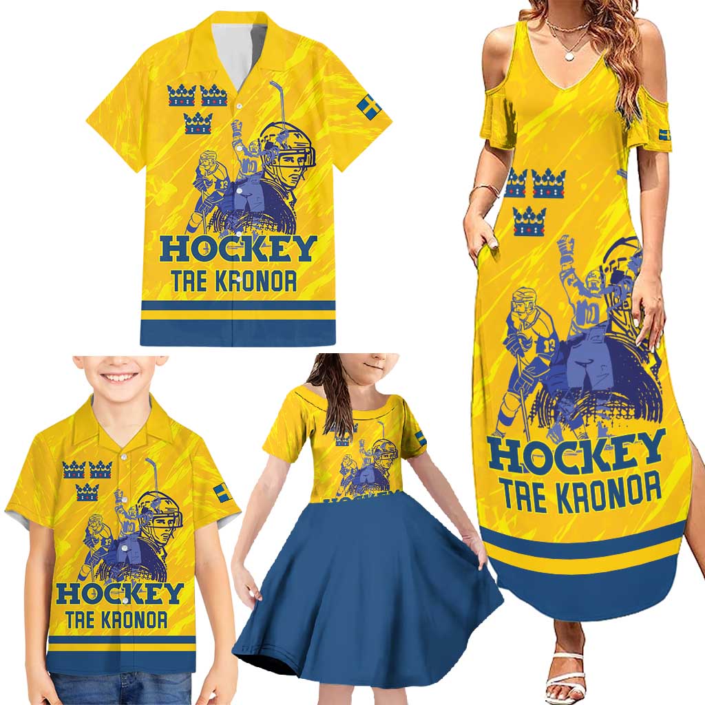 Custom Sweden Hockey Family Matching Summer Maxi Dress and Hawaiian Shirt Tre Kronor Go Champions