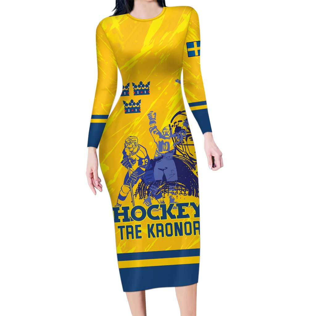 Custom Sweden Hockey Long Sleeve Bodycon Dress Tre Kronor Go Champions