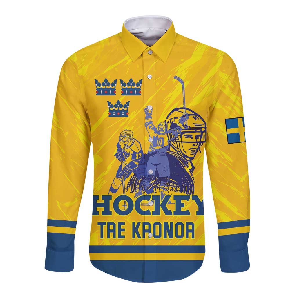 Custom Sweden Hockey Long Sleeve Button Shirt Tre Kronor Go Champions