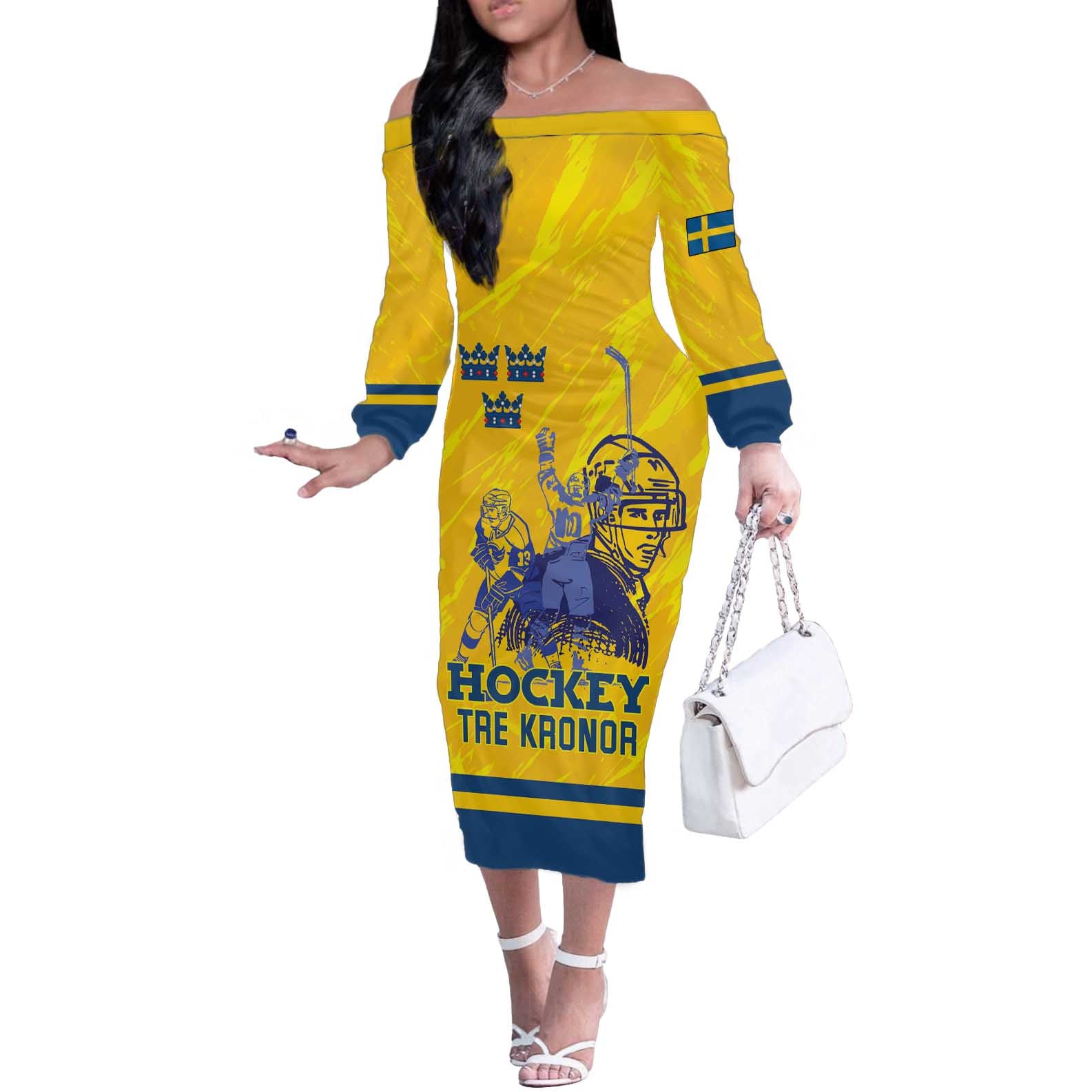 Custom Sweden Hockey Off The Shoulder Long Sleeve Dress Tre Kronor Go Champions