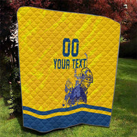 Yellow hockey quilt with blue bottom stripe, 00 and Your Text, goalie and player graphic
