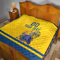 Yellow and blue hockey quilt laid on bed, featuring 00 and Your Text, goalie artwork