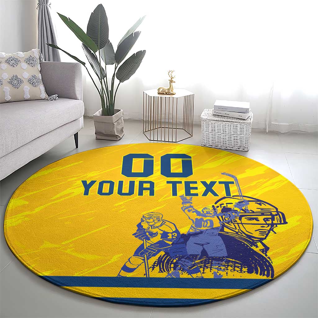 Yellow round hockey area rug with blue 'YOUR TEXT' and goalie scene, full view