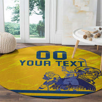 Yellow round hockey area rug on wood floor with blue 'YOUR TEXT' and player graphic