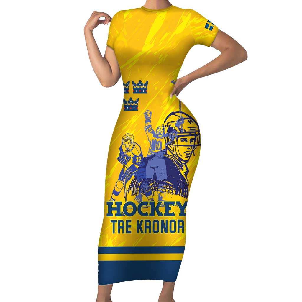 Custom Sweden Hockey Short Sleeve Bodycon Dress Tre Kronor Go Champions