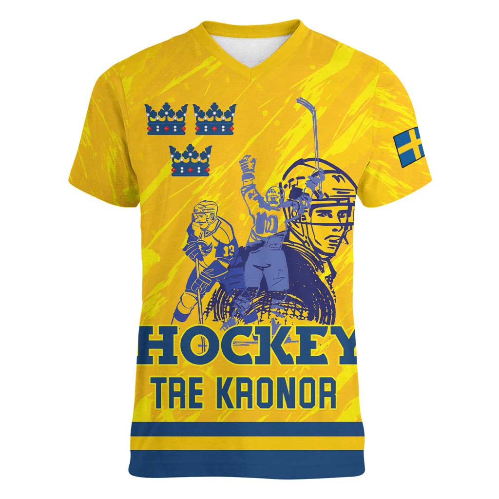 Custom Sweden Hockey Women V-Neck T-Shirt Tre Kronor Go Champions