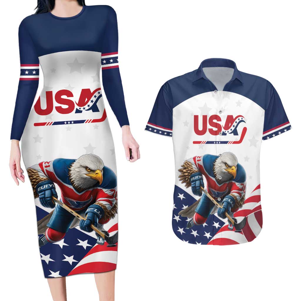 Custom USA Hockey Couples Matching Long Sleeve Bodycon Dress and Hawaiian Shirt Team USA Eagle Mascot