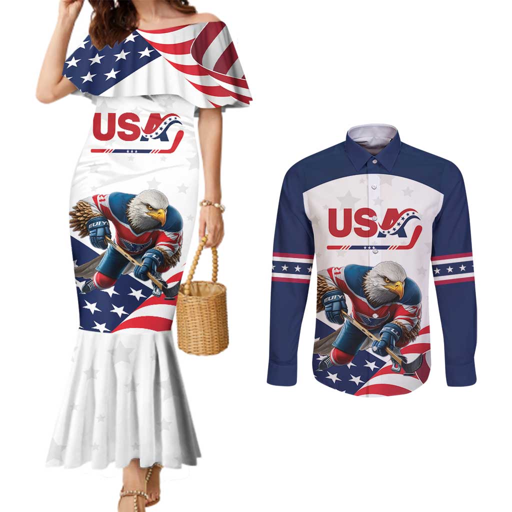 Custom USA Hockey Couples Matching Mermaid Dress and Long Sleeve Button Shirt Team USA Eagle Mascot