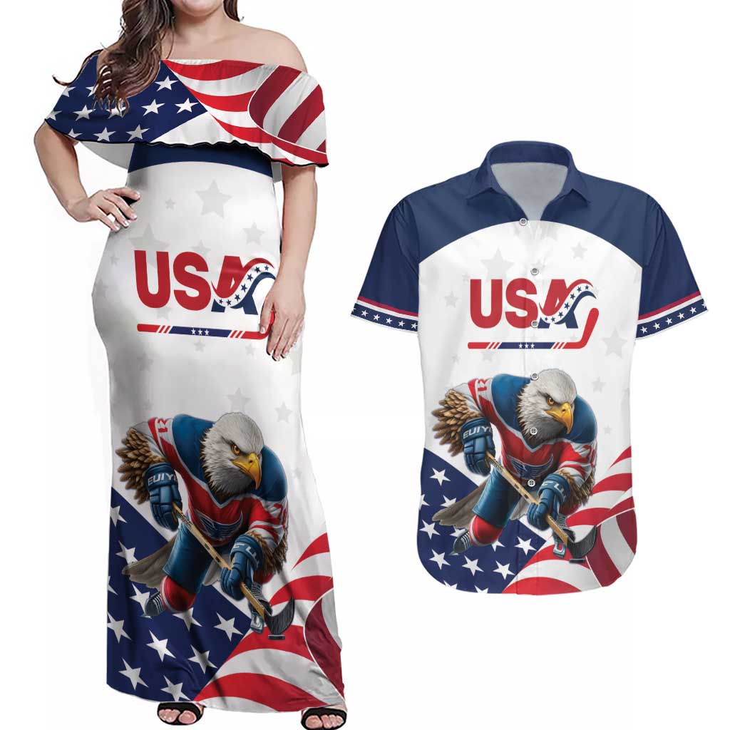 Custom USA Hockey Couples Matching Off Shoulder Maxi Dress and Hawaiian Shirt Team USA Eagle Mascot